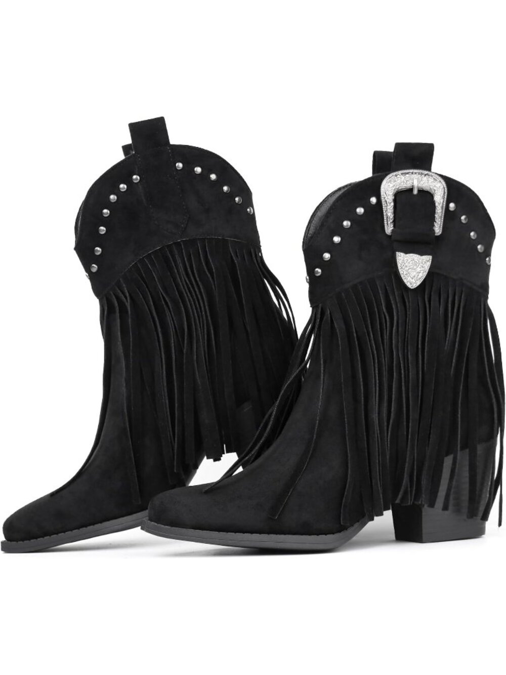 Women’s Black Fringe Cowboy Ankle Booties Snip Toe Western Cowgirl Pull On Boots